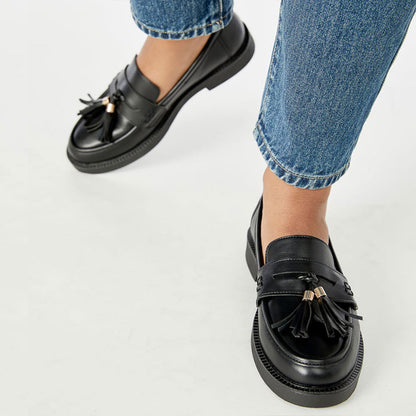 Women's Round Toe Fringe Decor Platform Loafers in Black