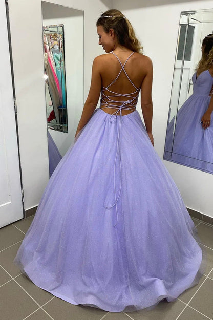 Lavender Tulle Long A-Line Prom Dress,Back Open Dance Dresses with Pockets