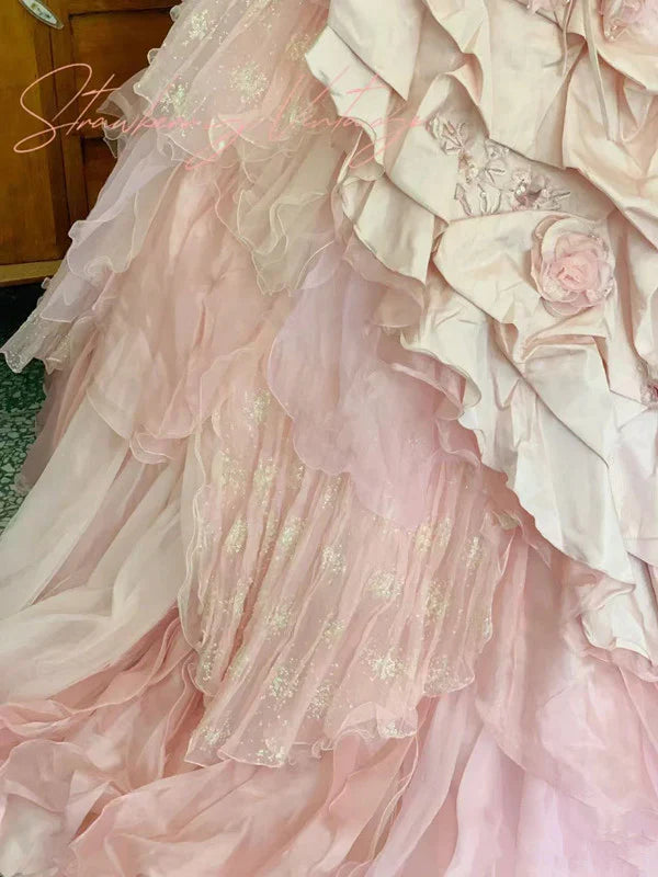 Elegant Pink 3D Flower Sweet 16 Quinceanera A-Line Floor-length Prom Dress Birthday Dress Evening Dress Ball Gown TP4421