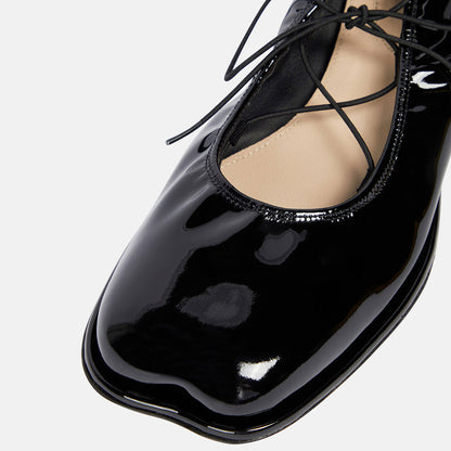 Black Patent Leather Square Toe Elasticated Edge Lace Up Ballet Flats