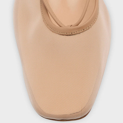 Chic Mesh Closed Square Toe Ankle Wrap Ballet Flats in Nude