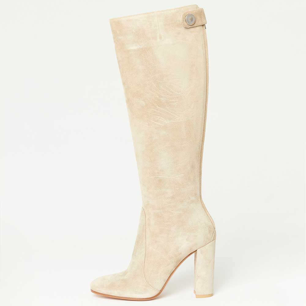 Beige Vegan Suede Pointed Toe Back-Zipper Block Heel Knee High Boots