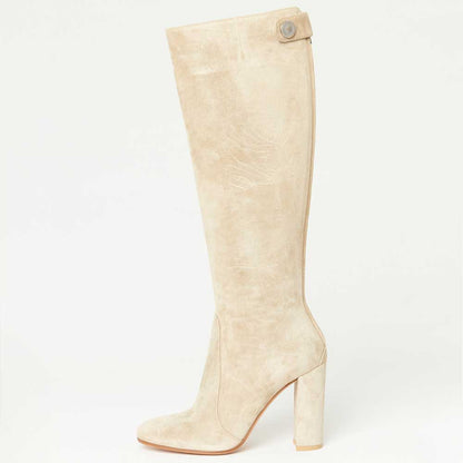 Beige Vegan Suede Pointed Toe Back-Zipper Block Heel Knee High Boots