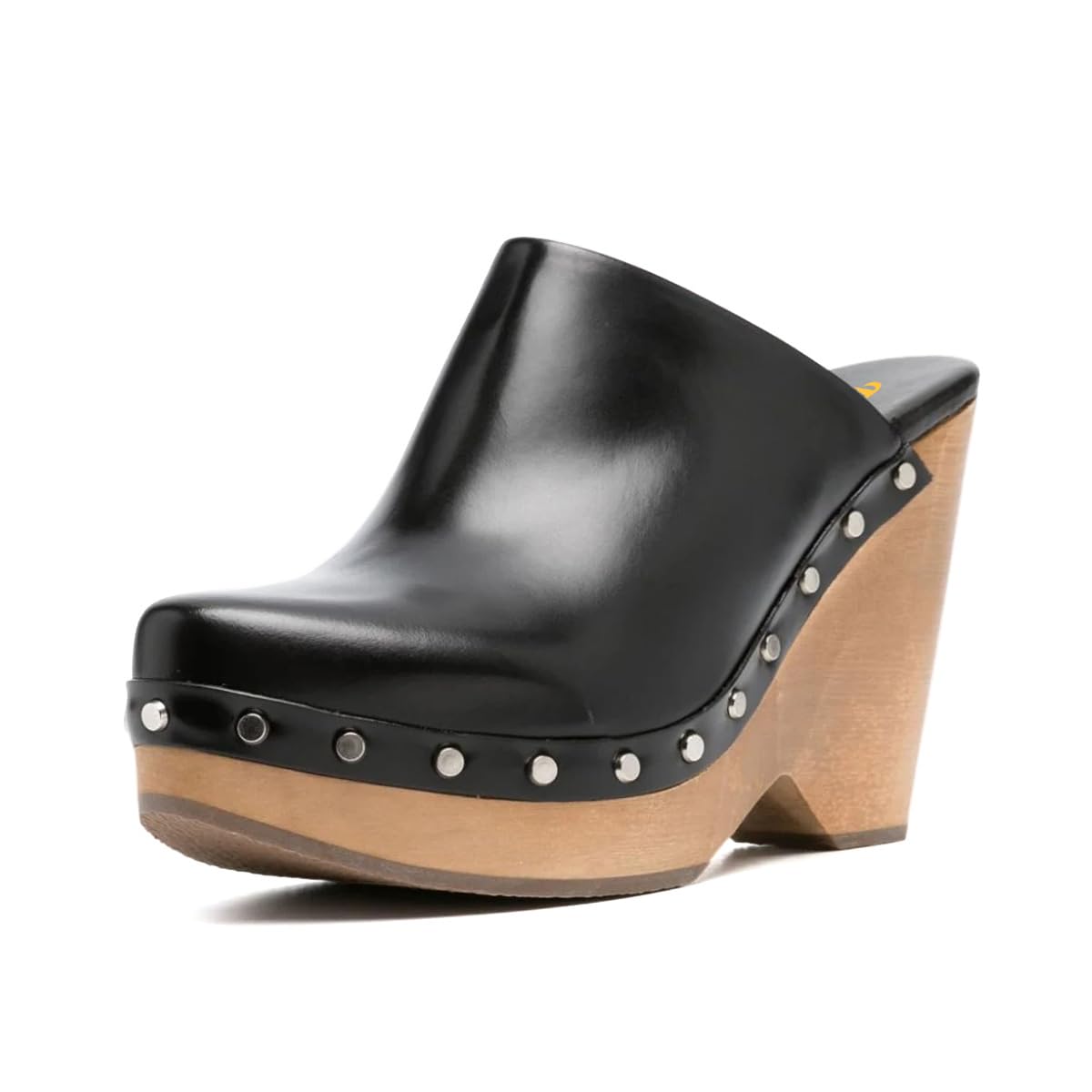 Women's Black Round Toe Slip On Studded Wedge High Heel Mules