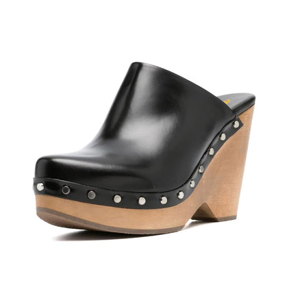 Women's Black Round Toe Slip On Studded Wedge High Heel Mules