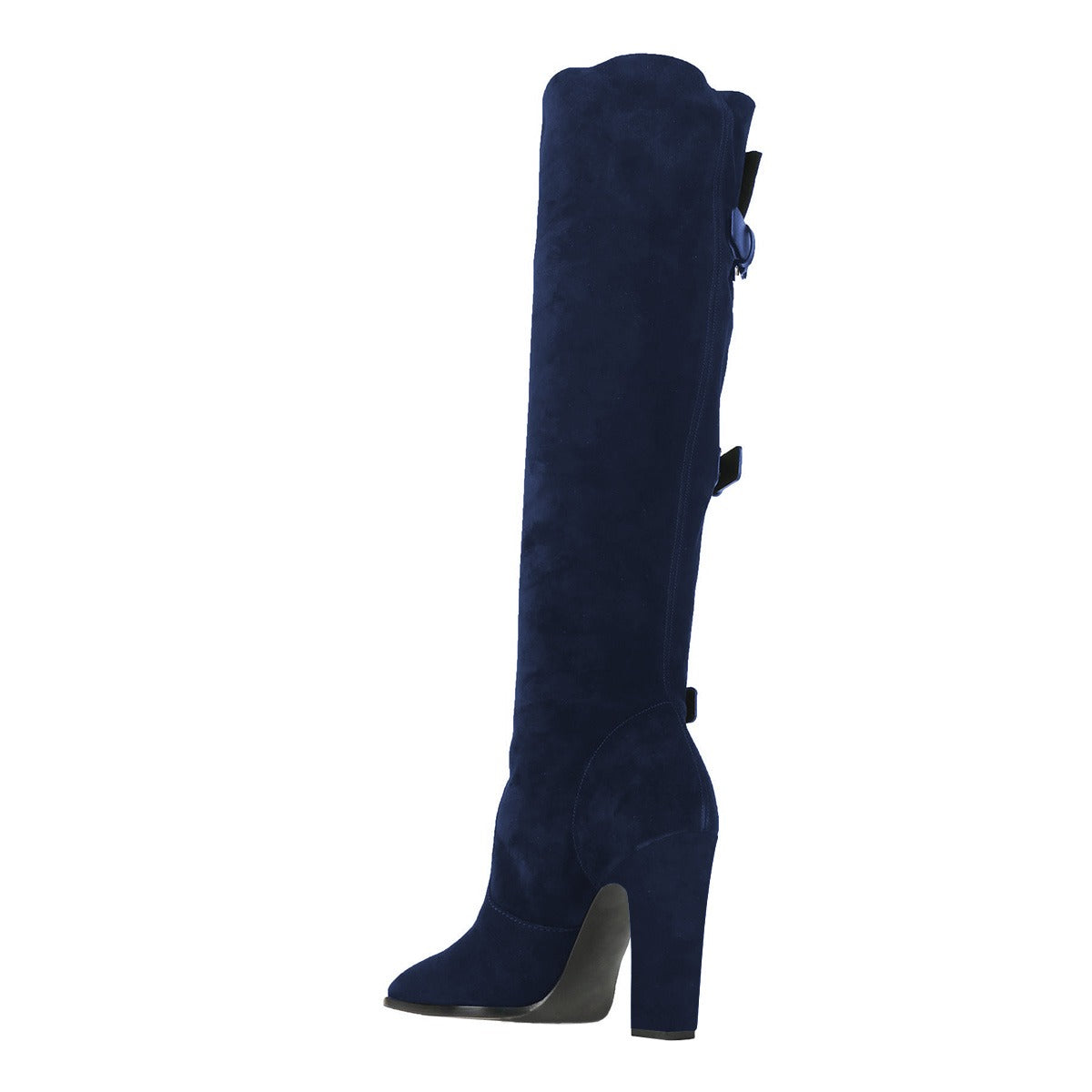 Navy Round Toe Chunky Heel Triple Buckle Straps Knee High Boots