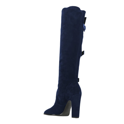 Navy Round Toe Chunky Heel Triple Buckle Straps Knee High Boots
