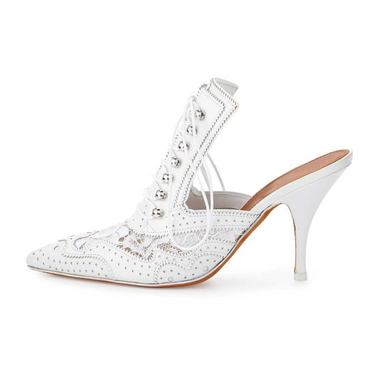 White Vegan Leather & Lace Closed Pointed Toe High Heels Mules