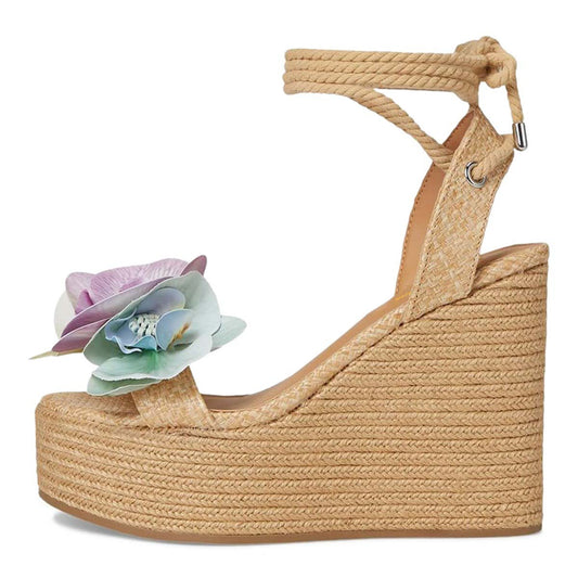 Khaki Woven Open Toe Floral Embellished Platform Heel Sandals