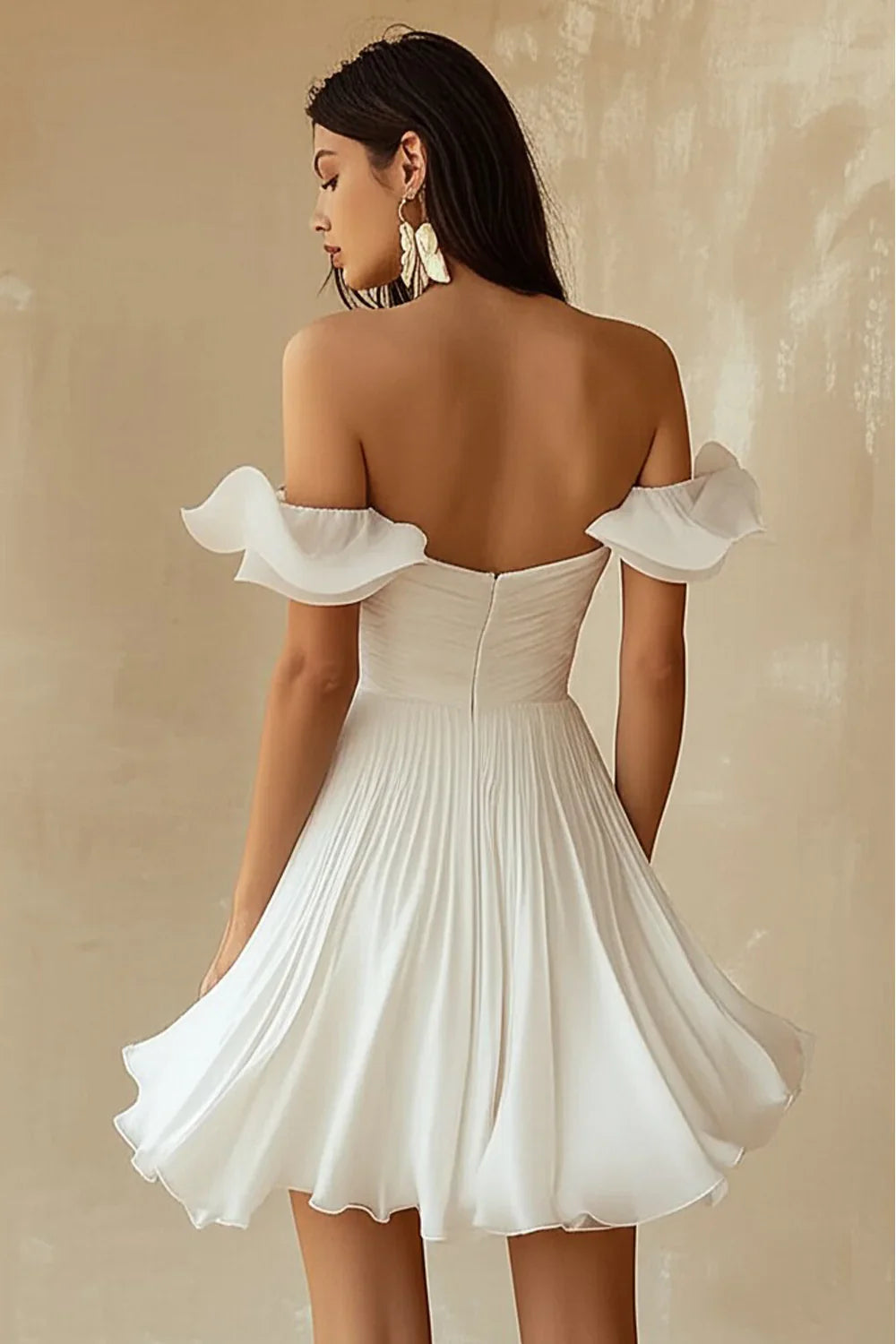 Charming White Chiffon Pleated Ruffled Hem Design A-line Off-the-shoulder Homecoming Dress TP3640