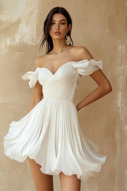 Charming White Chiffon Pleated Ruffled Hem Design A-line Off-the-shoulder Homecoming Dress TP3640