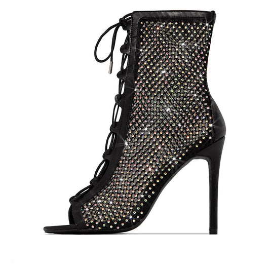 Black Rhinestone Lace Up Peep Toe Stiletto Heel Ankle Boots