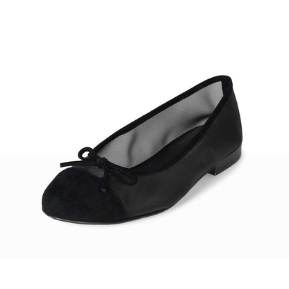 Black Faux Suede Mesh Round Toe Ballet Flats with Bow