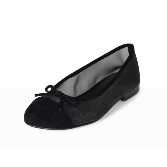 Black Faux Suede Mesh Round Toe Ballet Flats with Bow