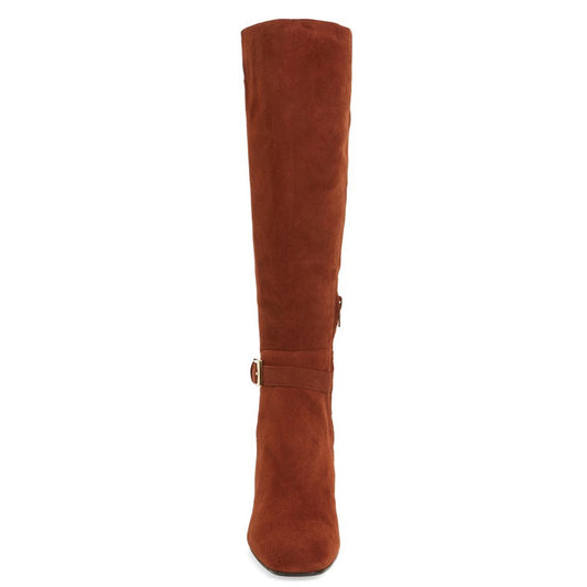 Red Square Toe Vegan Suede Block Heel Fashion Knee High Boots