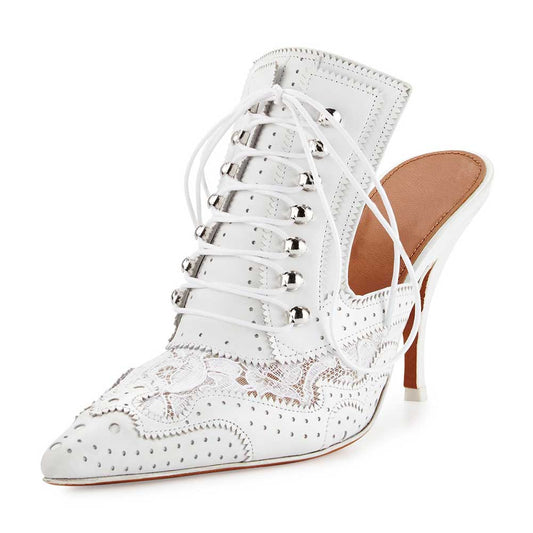 White Vegan Leather & Lace Closed Pointed Toe High Heels Mules
