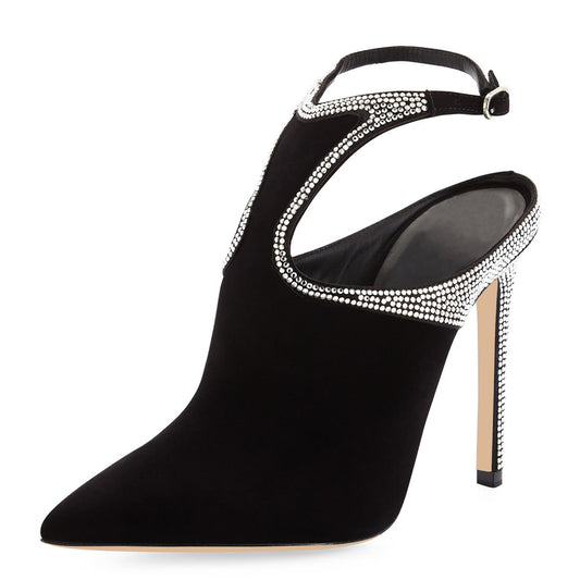 Black Vegan Suede Strap Rhinestones Stiletto Heel Ankle Boots