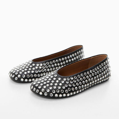 Women's Black Round Toe Rhinestone Embellishment Ballet Flats