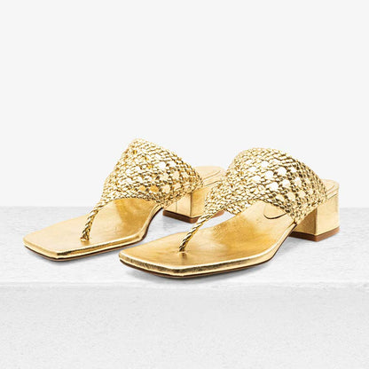 Women's Gold Metallic Finish Cut-Out Inlay Band Mules with Chunky Heel