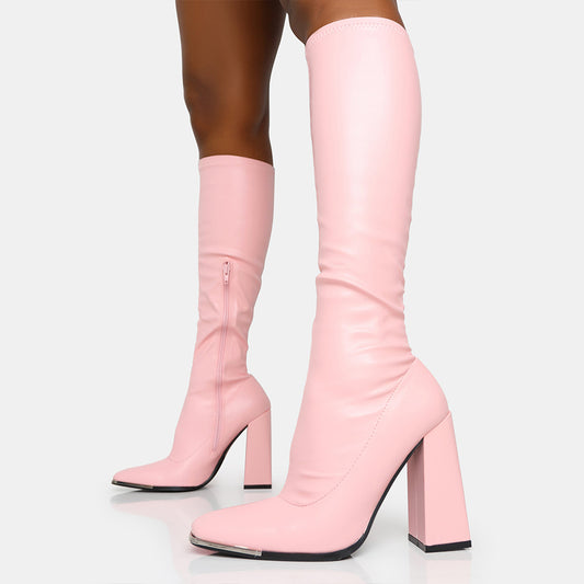 Full Light Pink Square Toe Boots Vegan Leather Chunky Heel Knee High Boots