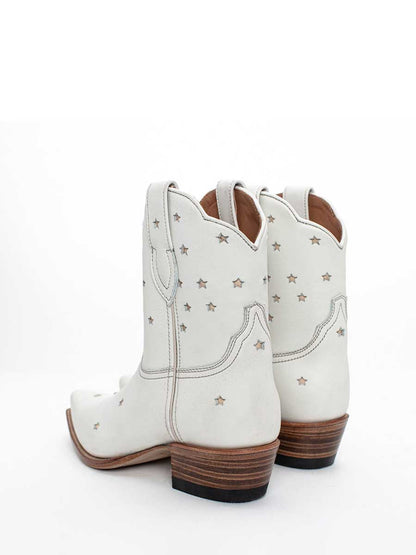 White Snip Toe Stars Detail Chunky Heel Cowgirl Ankle Boots