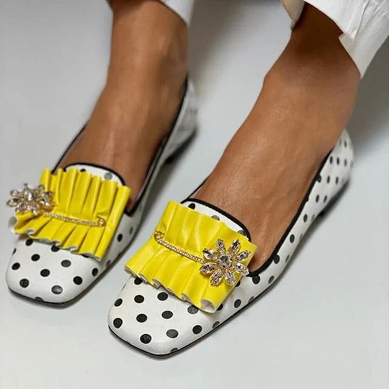 White Square Toe Polka Dot Flats Rhinestone Buckle Women's Loafers