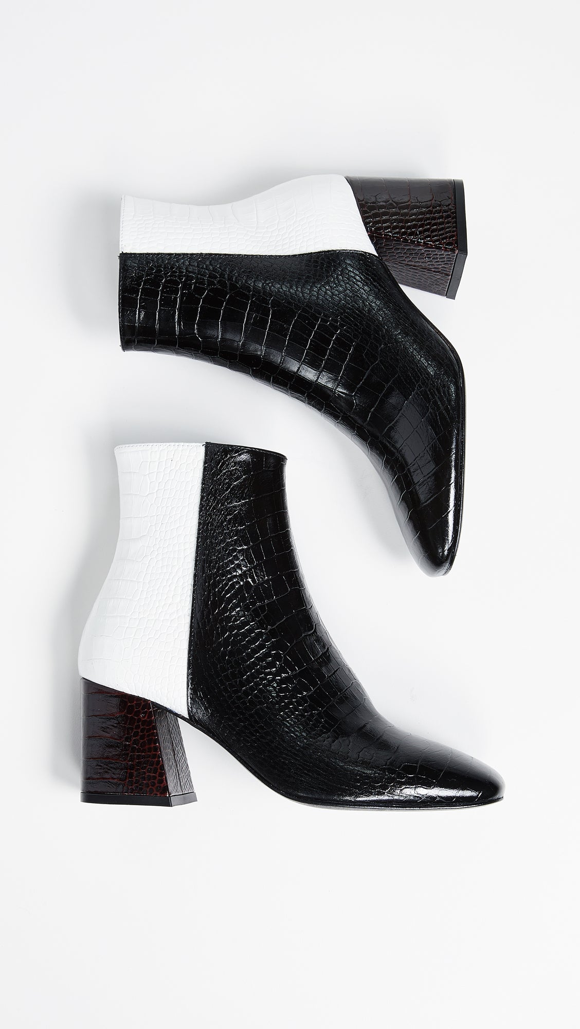 Black and White Crocodile Embossed Square Toe Block Heel Ankle Boots