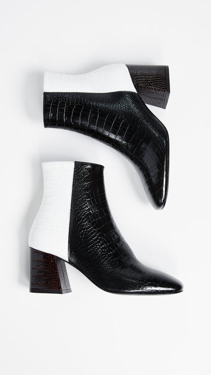 Black and White Crocodile Embossed Square Toe Block Heel Ankle Boots