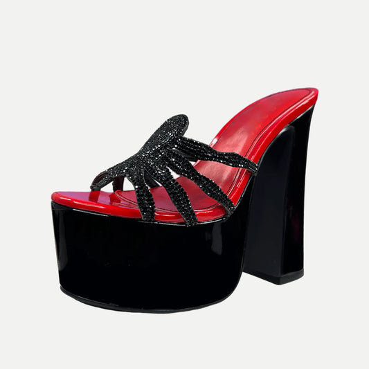 Black and Red Open Round Toe Rhinestone Spider Platform Mules