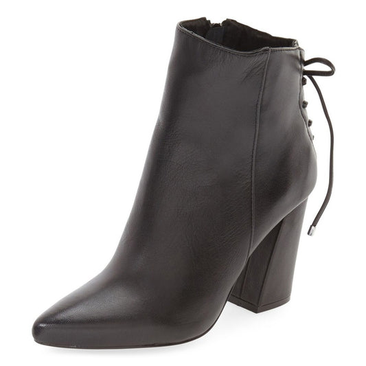 Women's Black Pointed Toe Ankle Boots Block Heel Rear Lace Up Booties
