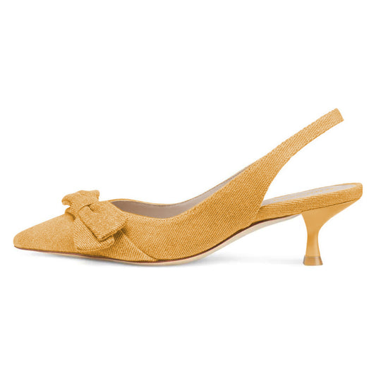 Yellow Fabric Bow Pointed Toe Slingback Pumps with Kitten Heel