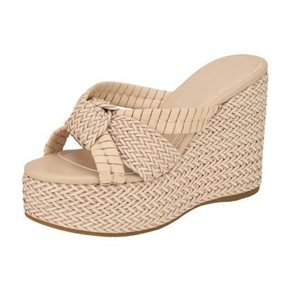 Beige Woven Open Toe Wedge Heel Knot Mules Sandals with Platform