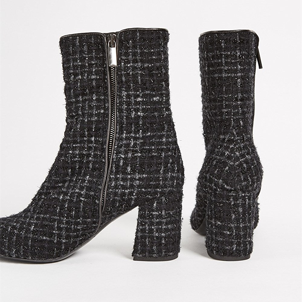 Black Tweed Round Toe Side Zip Closure Women's Block Heel Ankle Boots