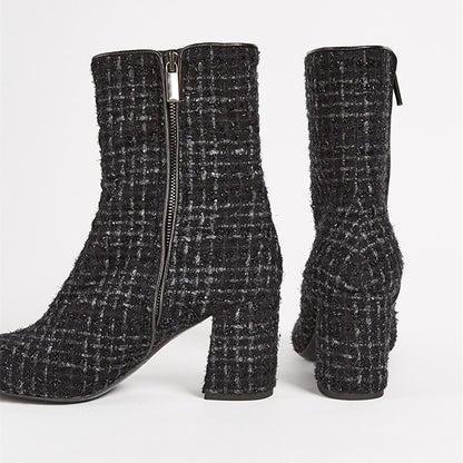 Black Tweed Round Toe Side Zip Closure Women's Block Heel Ankle Boots