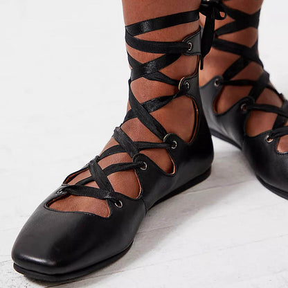 Black Square Toe Lace Up Shoes Zipper Flats for Women