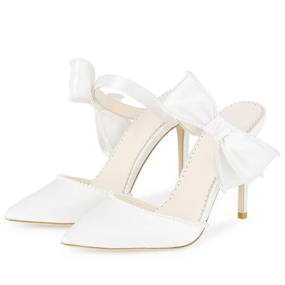 White Satin Closed Toe 4'' Stiletto Heel Mules with Bow