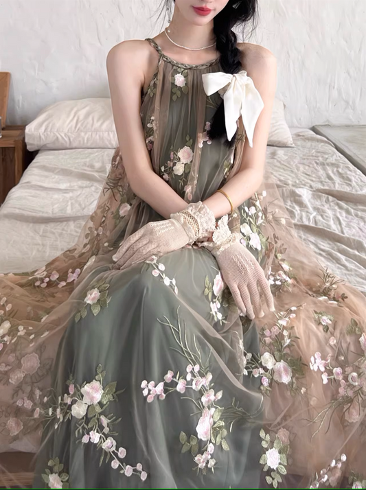 Simple Floral Embroidery Slimming Mesh Dress TP2850