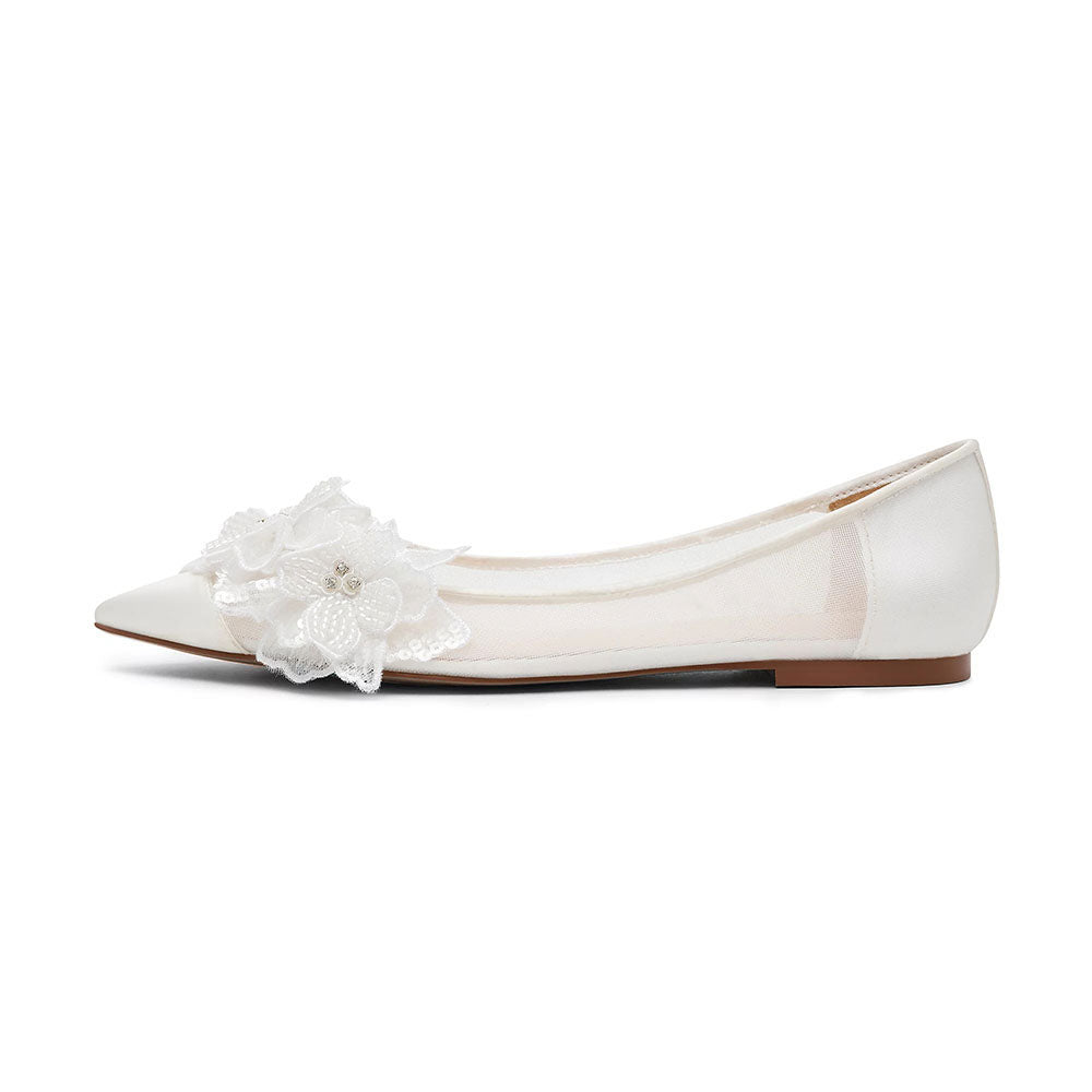 White Mesh Pointed Toe Delicate Flower Decor Bride Flats