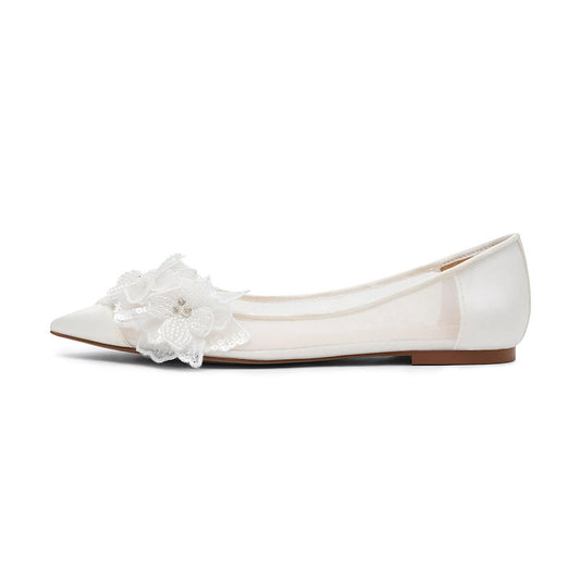 White Mesh Pointed Toe Delicate Flower Decor Bride Flats