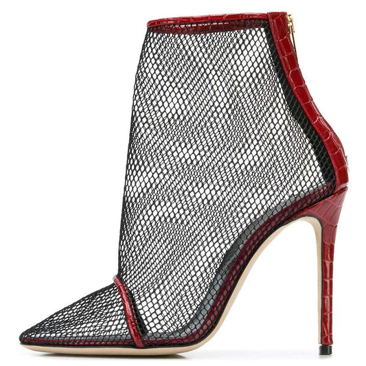 Black Mesh Pointed Toe Maroon Stiletto Heel Ankle Boots