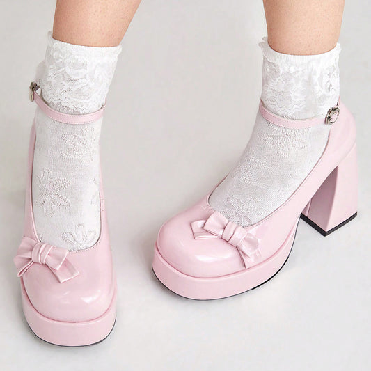 Pink Patent Leather Closed Round Toe Loafers With Chunky Heels