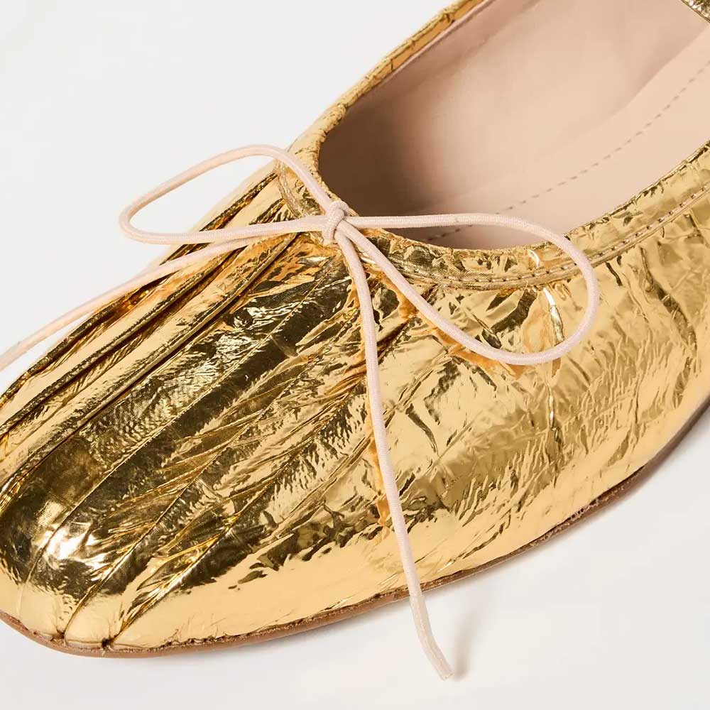 Gold Crinkled Metallic Finish Pleated Round Toe Bow Ballet Flats
