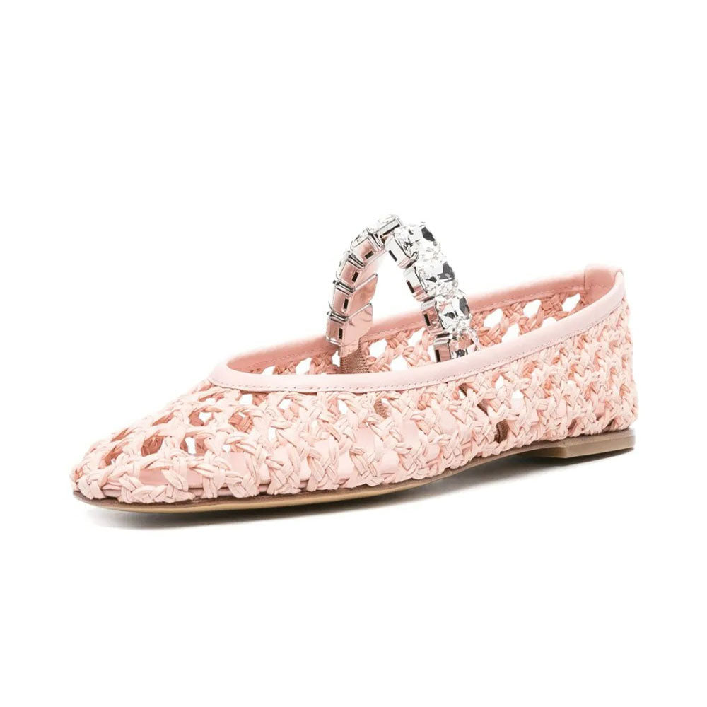 Light Pink Cutout Round Toe Rhinestone Ballet Flats with A Strap