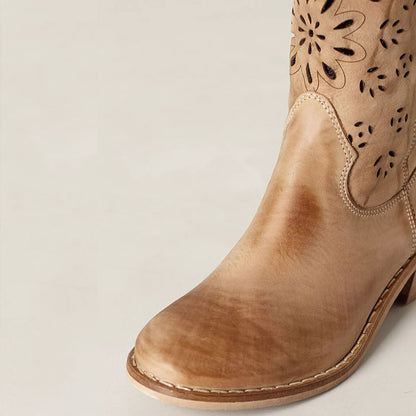 Khaki Floral Perforated Round Toe Stacked Heel Mid Calf Boots