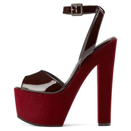 Maroon & Brown Peep Toe Platform Sandals Buckle Ankle Strap Heels