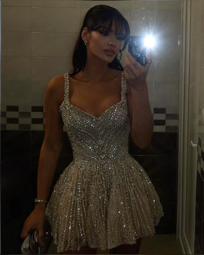 Shiny White Strappy V-Neck Beaded A-Line 17th Birthday Homecoming Dress P3709