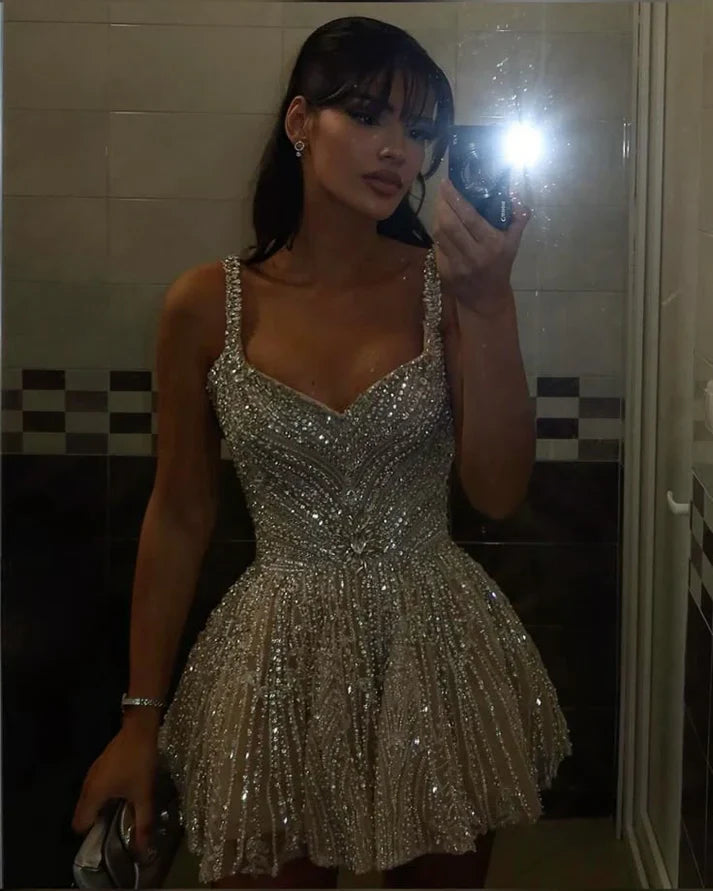 Vintage Silvery Shiny Beaded A-Line Short Party Dress Cocktail Dress Homecoming Dress TP4464