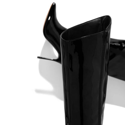 Black Vegan Patent leather Pointed Toe Stiletto Heel Knee High Boots