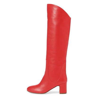 FSJ Red Round Toe Block Heel Knee High Boots for Women