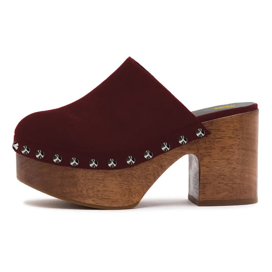 Vegan Suede Round Toe Block Heel Platform Mules in Burgundy